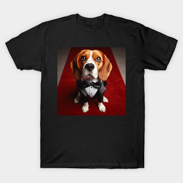 Sad beagle dog in formal tuxedo on red carpet T-Shirt by nicecorgi